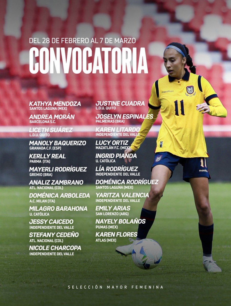 Convocadas de #LaTriFemenina 🇪🇨 para los amistosos frente a Uruguay 🇺🇾 el 04 y 07 de marzo en Quito. 

La principal novedad la convocatoria de Lucy Ortiz, nacida en EE.UU 🇺🇸 pero con raíces ecuatorianas por su abuelo. Además continúa la ausencia de Gigi Moreira en la lista.