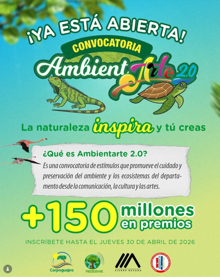 ¡La naturaleza nos inspira y el talento de La Guajira responde! La convocatoria Ambientarte 2.0 ya está abierta, gracias a la iniciativa de <a href="/CORPOGUAJIRA/">Corpoguajira</a> y <a href="/CorpoPreservar/">CorporaciónPreservar</a>, que le apuestan al cuidado y la preservación de nuestro entorno. Más info en preservar.org