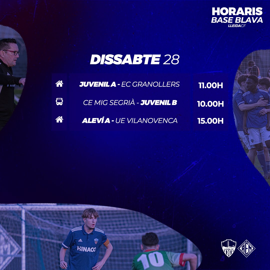 LleidaCF's tweet photo. Aquests són els horaris d’aquest cap de setmana de la Base Blava! 💙💪🏻
#BaseBlava #MésViusQueMai #LleidaCF https://t.co/9BoD6WzGQ7