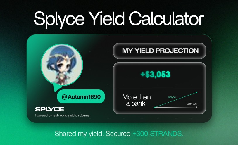 Autumn1690's tweet photo. Just tested the real-world yield calculator from @SplyceFi.

My numbers came out +2,928.23% higher than leaving it in a bank.

Check yours: https://t.co/ol2Anfy8xA https://t.co/UqtnKr3pr4