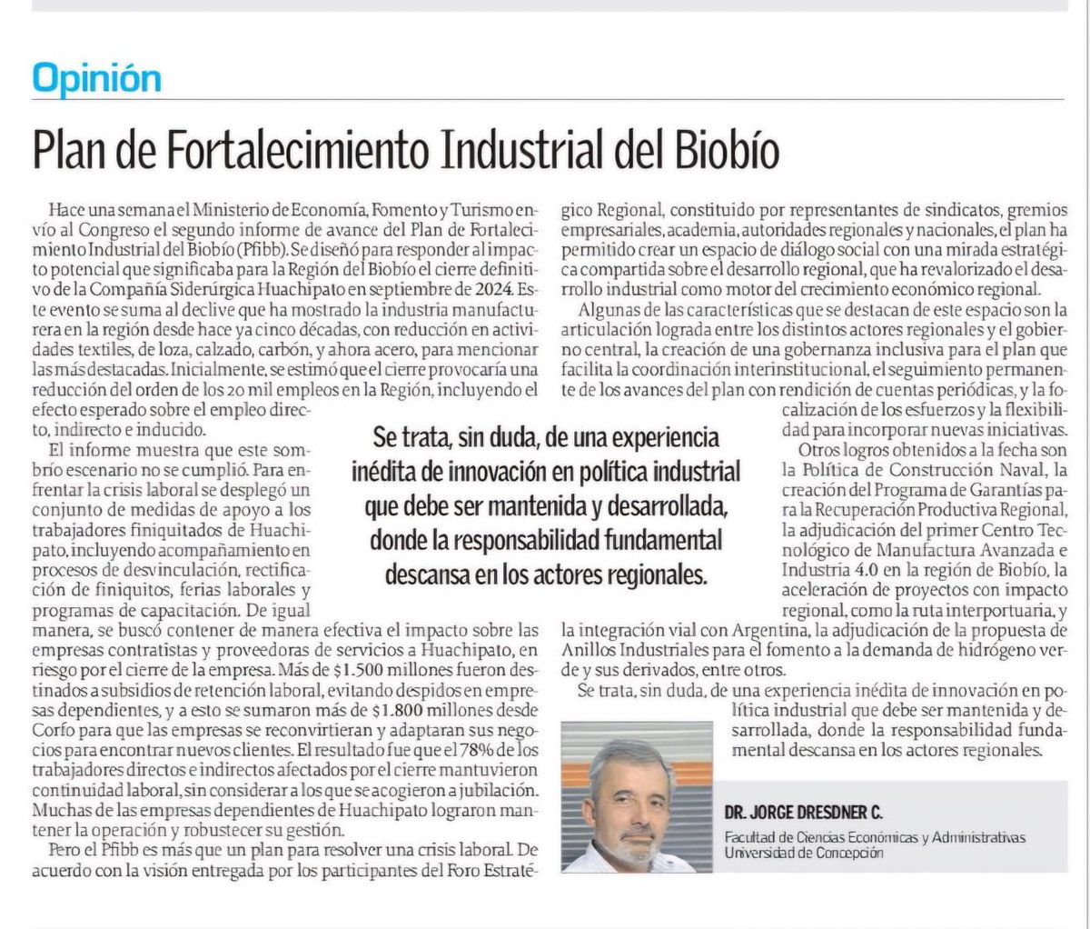 El Plan de Fortalecimiento Industrial para BioBio ha sido una iniciativa que levantamos ante la alicaída situación en que estaba la industria en la región. Cooperación público privada que ha dado muy buenos resultados y debe continuar.