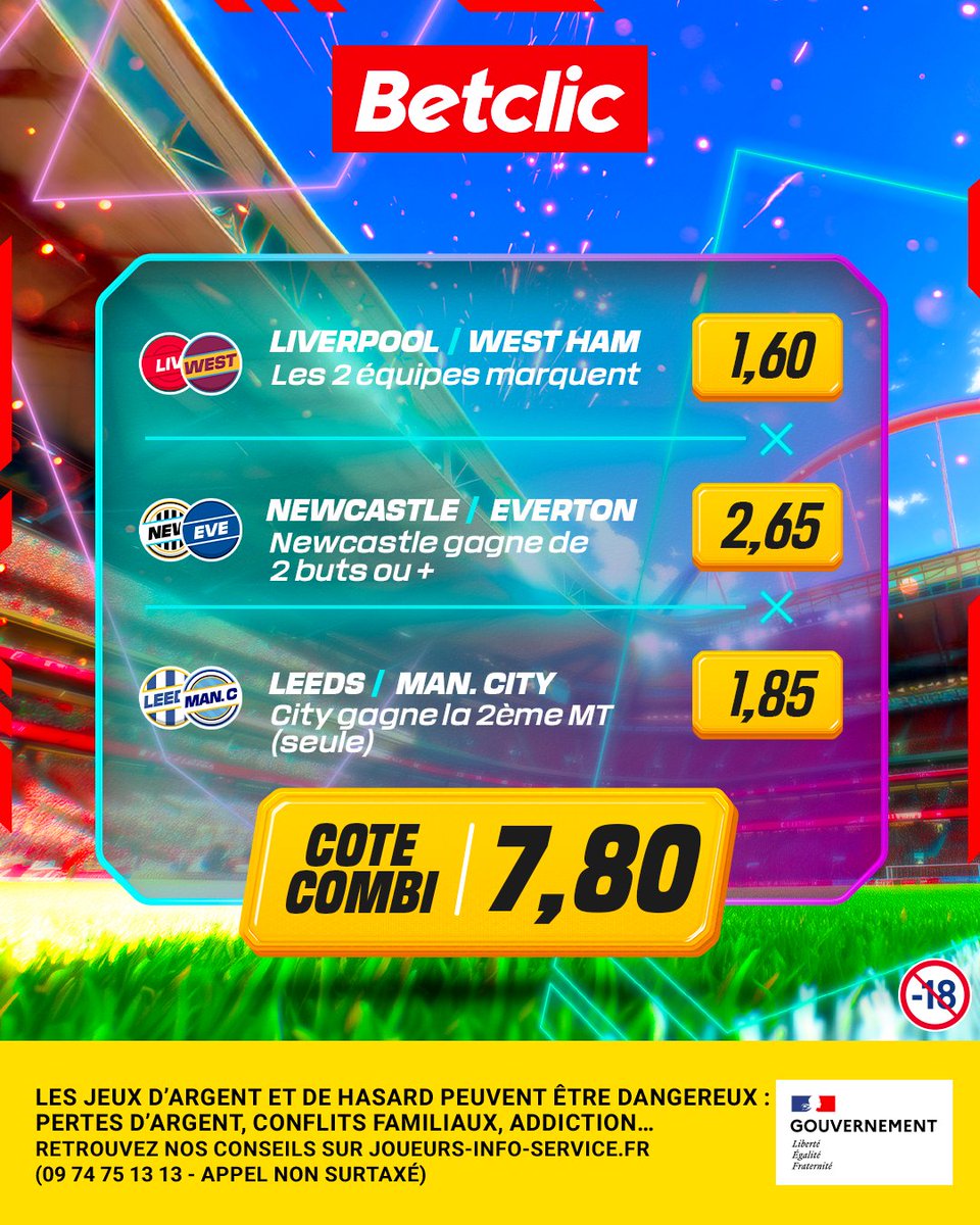 Le combi Premier League du CM est servi !! 🧑‍🍳🔥 

🎁 10 x 50€ de Feebets* à se partager si le combi ne passe pas !

🍀 RT + donne-nous ton pseudo Betclic + #FeebetsBetclic