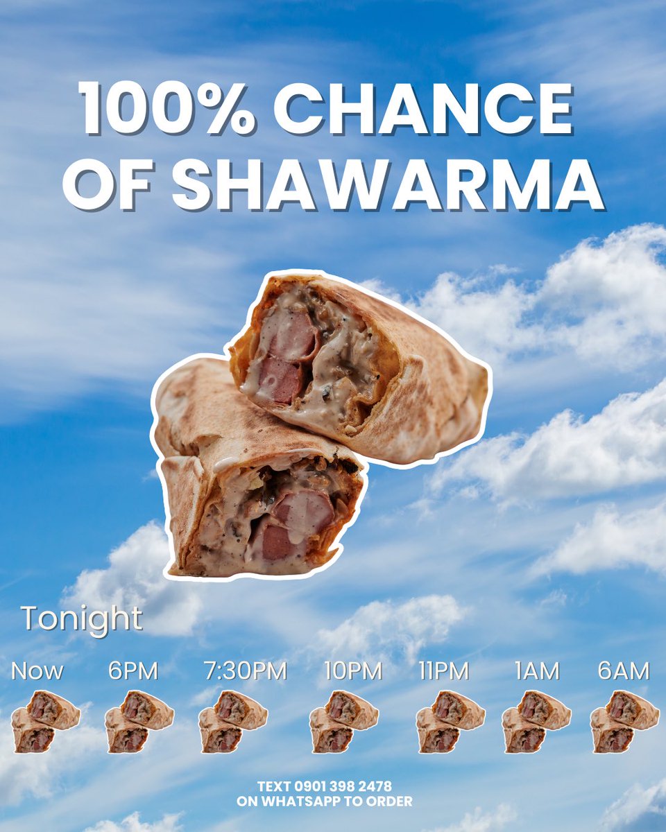Outside tonight?
There’s a 100% chance of shawarma!

we’re open for delivery, dine-in and pickup 
☎️  0901 398 2478
⏰ 2PM to 6AM
📍 39B Freedom Way, Lekki 1