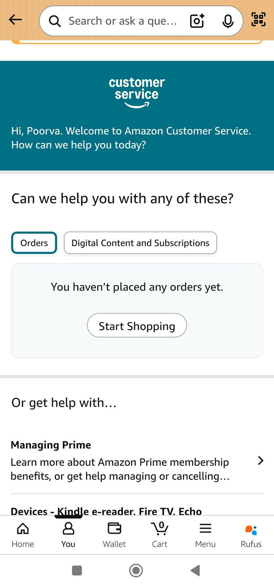 Poorva_2802's tweet photo. @AmazonHelp What the hell is that . No orders? Why does the help section show no orders placed? https://t.co/TUaqhXPjmT