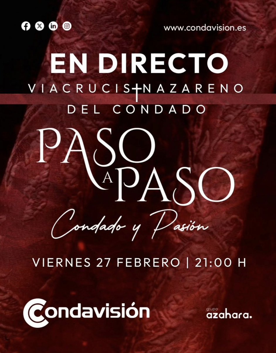 Condavision's tweet image. "𝑷𝒂𝒔𝒐 𝒂 𝒑𝒂𝒔𝒐... 𝑪𝒐𝒏𝒅𝒂𝒅𝒐 𝒚 𝑷𝒂𝒔𝒊𝒐́𝒏"

🔴𝙴𝙽 𝙳𝙸𝚁𝙴𝙲𝚃𝙾| Hoy 27 de febrero, 𝑪𝒐𝒏𝒅𝒂𝒗𝒊𝒔𝒊𝒐́𝒏 estará en el 𝑿𝑰𝑽 𝑽𝒊𝒂 𝑪𝒓𝒖𝒄𝒊𝒔 "𝑵𝒂𝒛𝒂𝒓𝒆𝒏𝒐 𝒅𝒆𝒍 𝑪𝒐𝒏𝒅𝒂𝒅𝒐". 
#Condavisión #Pasoapaso #Cuaresma #Condado #Bollullos #Nazareno