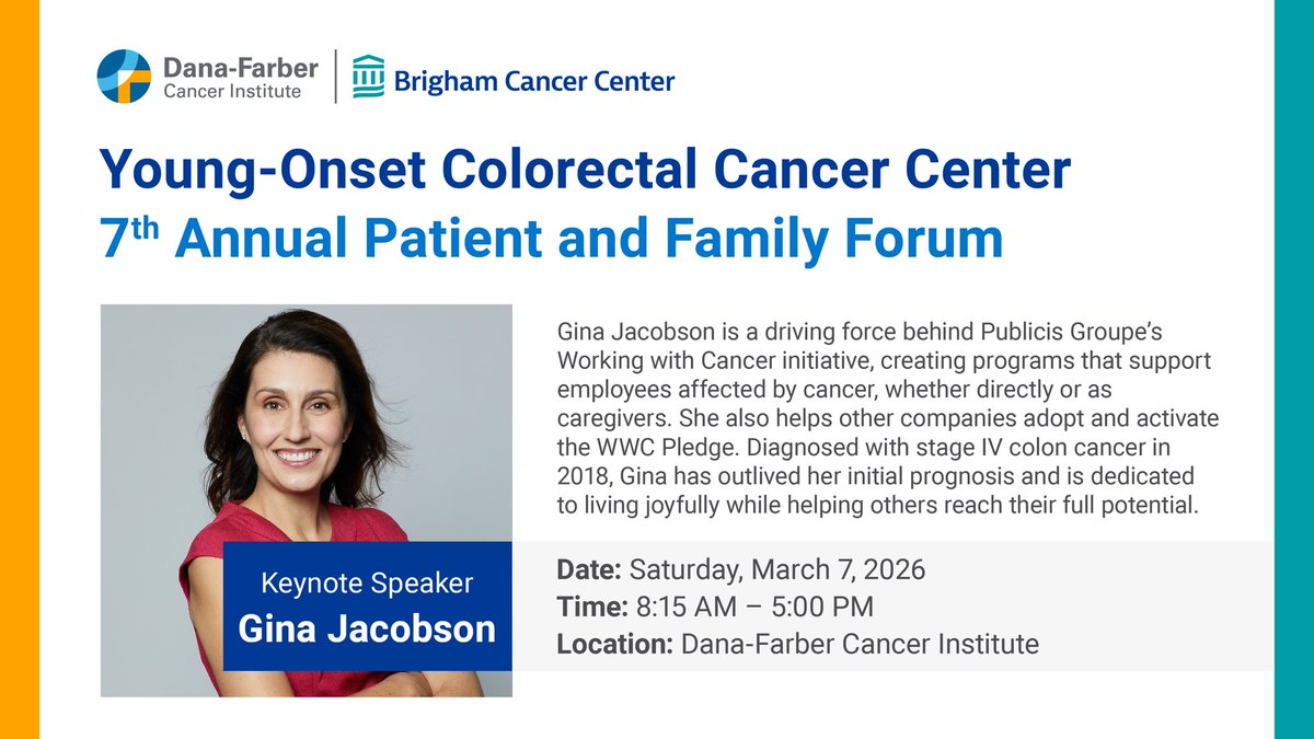 DFarberYoungCRC's tweet photo. Meet Gina Jacobson who will be our patient keynote speaker at our upcoming forum Saturday, March 7th! Gina is a stage 4 colon cancer survivor diagnosed at age 45 and we are so excited to have her share her story with us. It is not too late to register for this free event! https://t.co/geiwOYujY8
