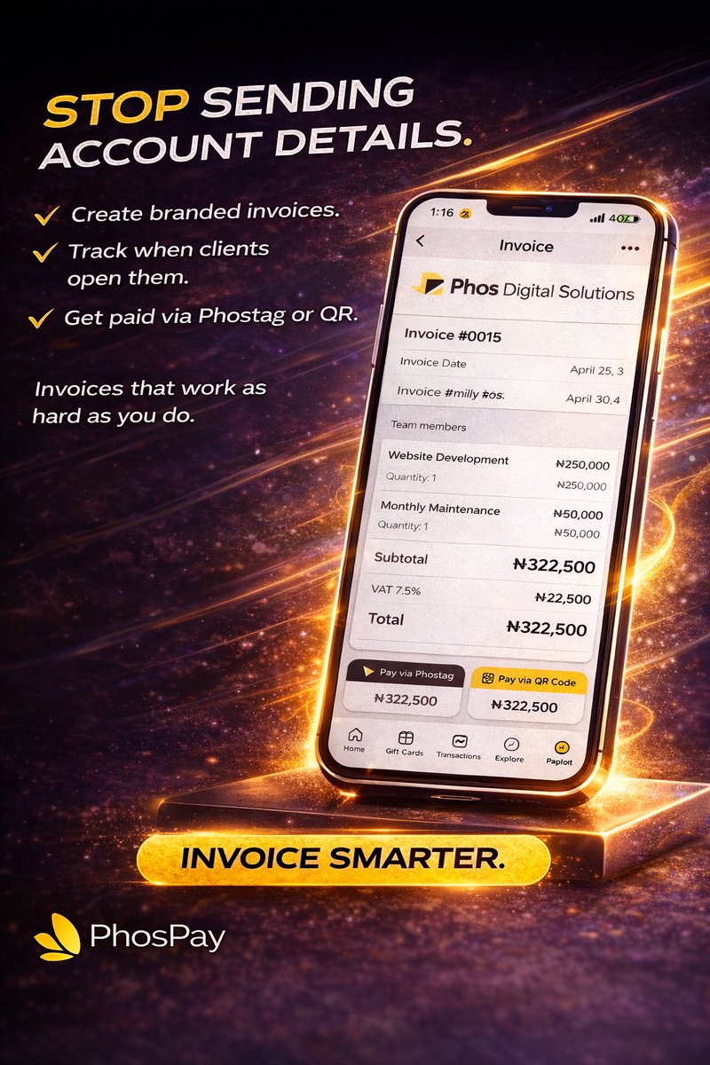 Still sending account details?

Create an invoice.
Track when it’s opened.
Get paid via Phostag or QR.

No chasing. No stories.

Invoice smarter.

#PhosPay #GetPaid #SMEs