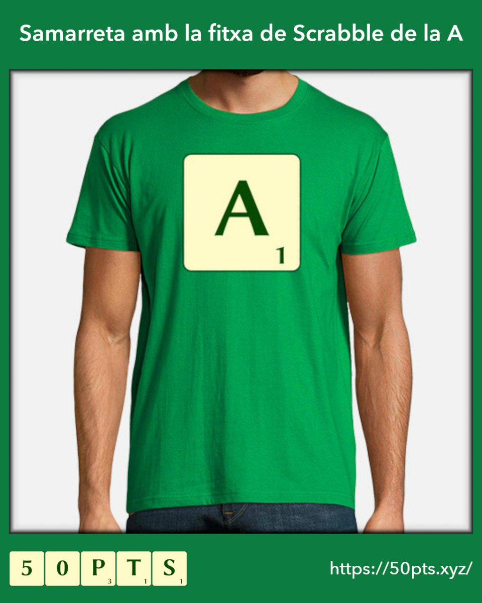 50pts_cat's tweet image. Samarreta amb la fitxa de Scrabble de la A

Vols tenir-la? Al nostre web tens totes les samarretes que hem dissenyat inspirades en l'#ScrabbleEnCatalà, amb totes les fitxes de #ScrabbleCAT i de 18 colors diferents. També les tenim amb tallatge per a dona.