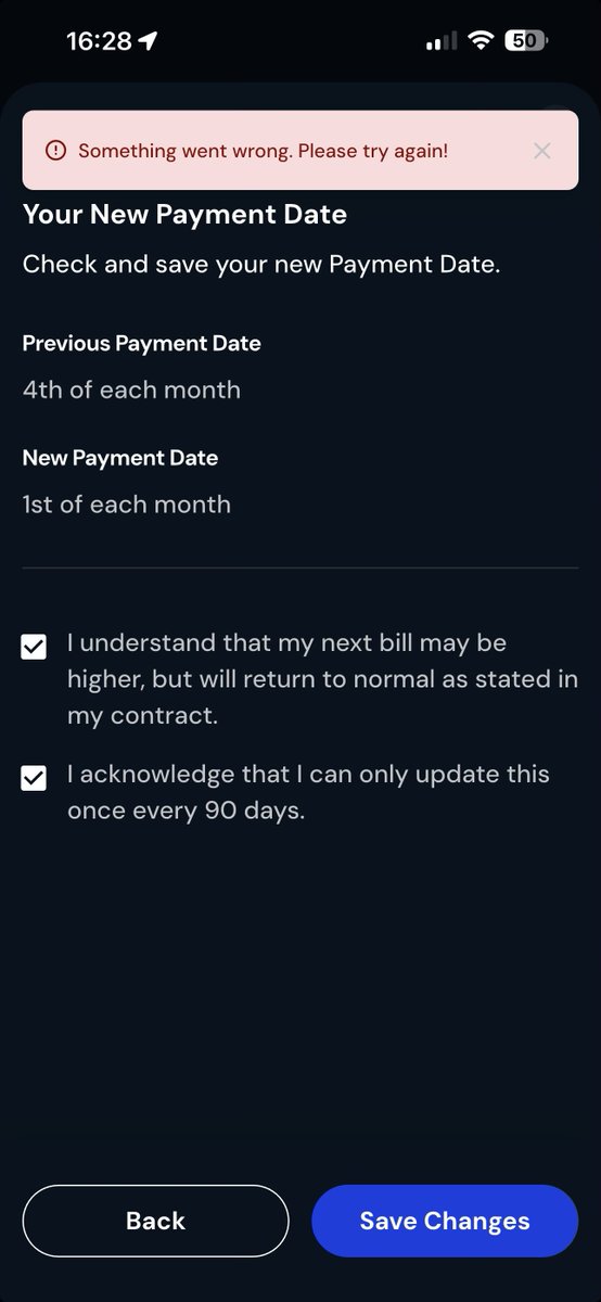 tc360's tweet photo. @youfibre your change direct debit date function doesn’t work in your app and website btw. Just errors https://t.co/QL5luDQheA