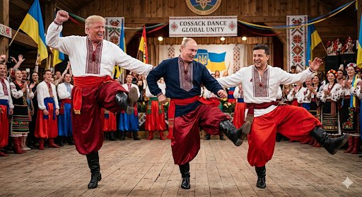 kunsama2002's tweet photo. コサックダンスを踊るトランプ大統領とプーチン大統領とゼレンスキー大統領。世界が平和になりますように。 https://t.co/ExOKsKjVtP