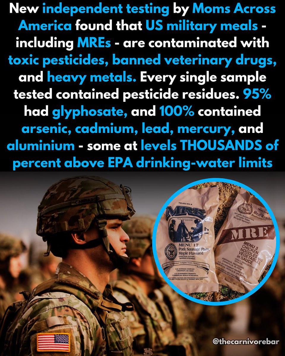 thecarnivorebar's tweet image. 🚨OUR MILITARY DESERVES BETTER

👉 MREs are not suitable for our military, they’re:

❌ Loaded with toxic herbicides 
❌ High in heavy metals
❌ Nutritonally void
❌ Packed with preservatives
❌ Loaded with industrial oils 
❌ Full of synthetic flavouring 
❌ High in veterinary