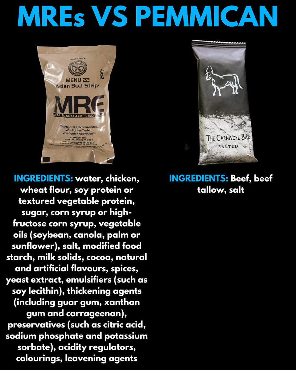 thecarnivorebar's tweet image. 🚨OUR MILITARY DESERVES BETTER

👉 MREs are not suitable for our military, they’re:

❌ Loaded with toxic herbicides 
❌ High in heavy metals
❌ Nutritonally void
❌ Packed with preservatives
❌ Loaded with industrial oils 
❌ Full of synthetic flavouring 
❌ High in veterinary