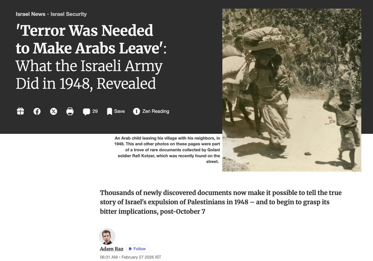New documents have surfaced revealing new details about Israel's conduct during the 1948 War in which it ethnically cleansed 750,000 Palestinians from their homes.

The documents confirm Israeli leaders carried out more war crimes &amp; premeditated massacres than previously thought.
