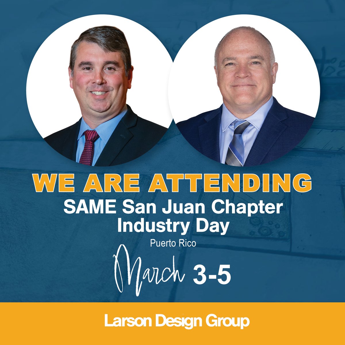 🌴 Exciting news! Ron Schirato and Tom Bestafka are heading to the 2026 SAME San Juan Field Chapter Industry Day in beautiful Fajardo, Puerto Rico, March 3-5! 📅 Learn more about LDG’s federal services: larsondesigngroup.com/markets/federa…