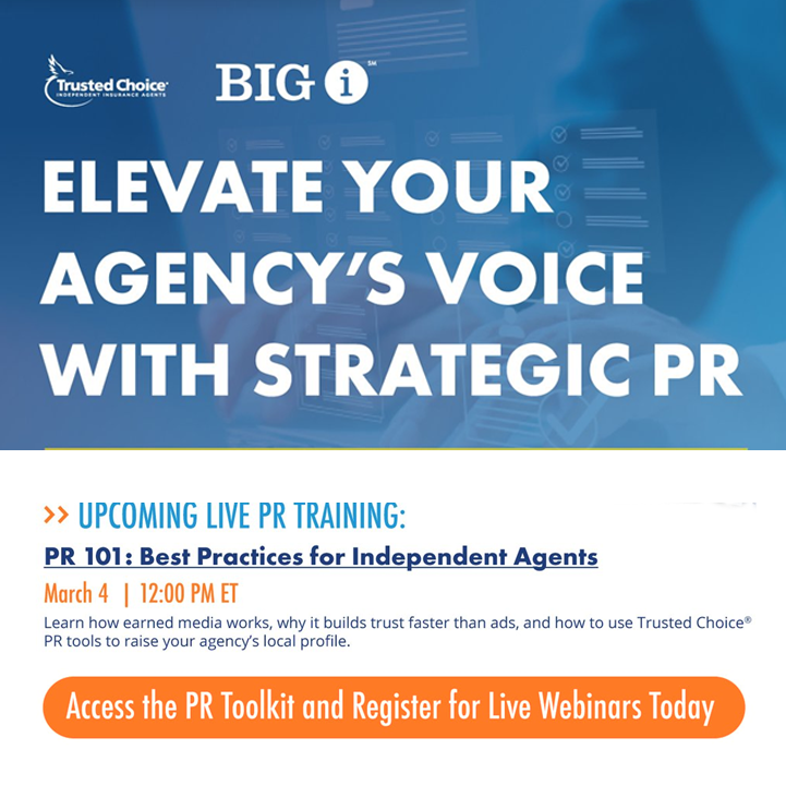 Next week, join a Big I webinar presented by @Trusted Choice, Inc. on "PR 101: Best Practices for Independent Agencies". Attendees will learn about "earned media", how it builds trust, and the member tools you can use as PR resources.

Register now at zurl.co/Z0yot