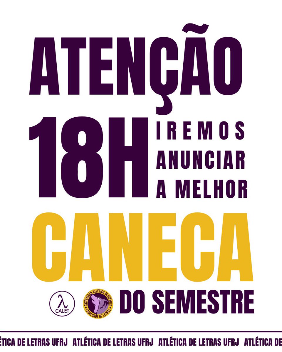 atleticaletras's tweet photo. A Caneca mais babadeira do semestre vem aí!!💜💛

Hoje, às 18h, a Atlética e o CALET vão anunciar a Melhor Caneca do Semestre. Se você estava esperando o momento certo para garantir o seu novo item essencial de sobrevivência na faculdade, o momento é esse.
https://t.co/CDKTak8wnd https://t.co/yYlvaiOKzO