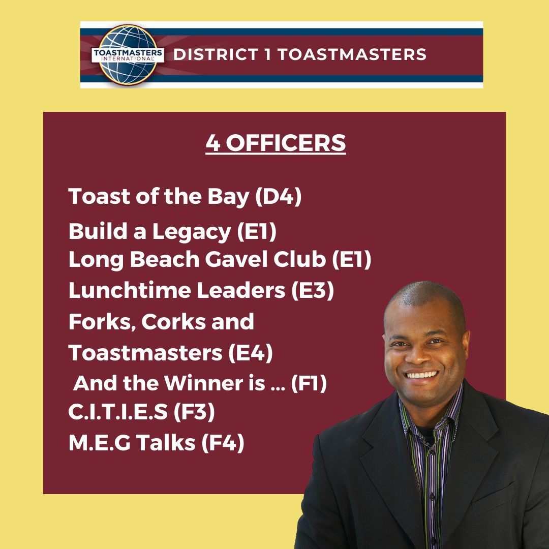 🎉 SPECIAL SHOUTOUT! 🎉

A huge congratulations to all of our D1 Clubs that achieved 4+ officers trained in Round 2! There is still time if you need to get more officers trained!! we have 4 more trainings by this Saturday district1toastmasters.org
#District1Strong #Toastmasters