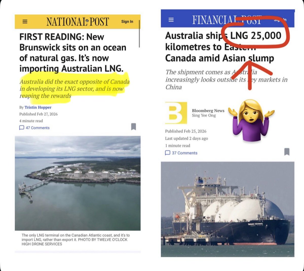 😧 Natural Gas purchase options for New Brunswick:

1. New Brunswick ➡️ New Brunswick~0 km
2. Alberta ➡️ New Brunswick ~ 4,500 km
3. Australia ➡️ New Brunswick~25,000 km

And we decided to go with #3? 🚢