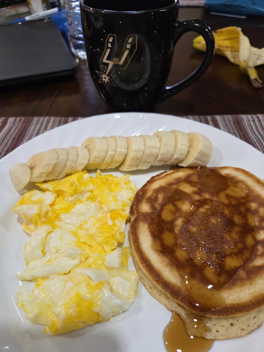 Good morning coffee and breakfast pancakes and eggs, tgif everyone. Blessed weekend.