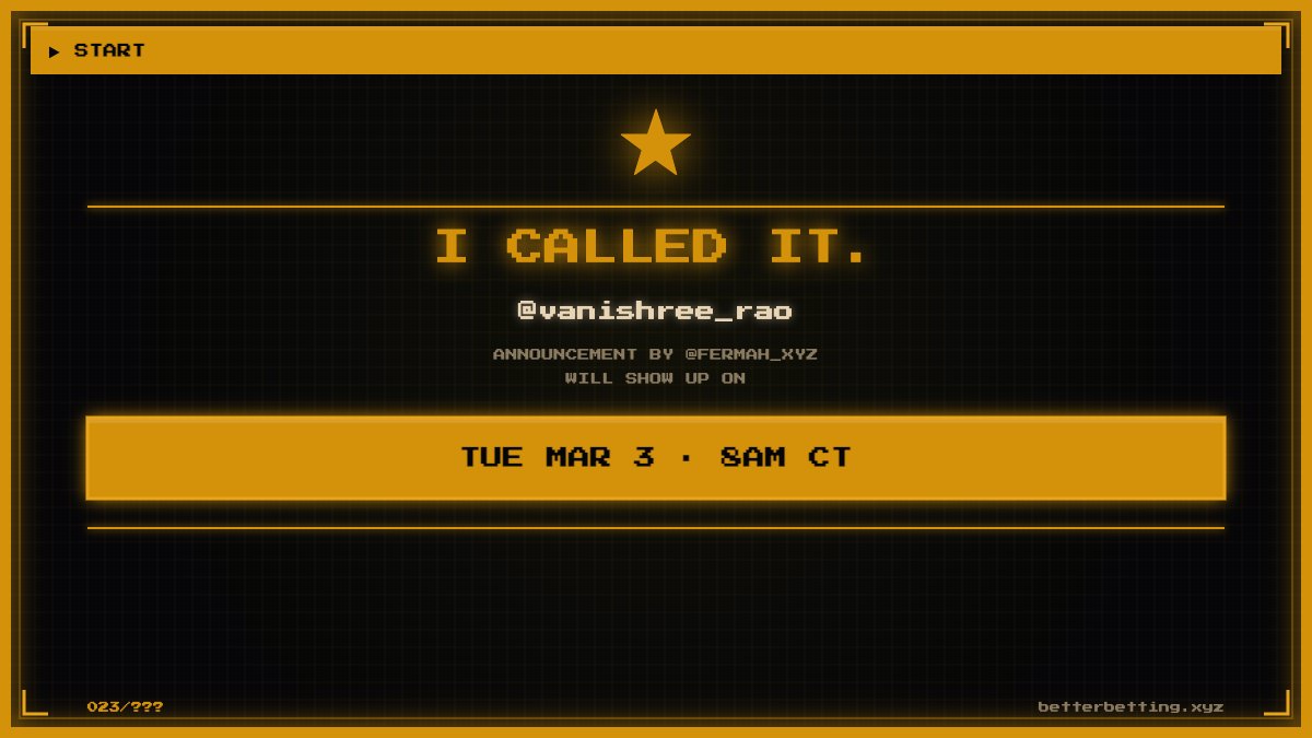 do i actually know when we're launching? yes.

am i confident? i have 47 unread slacks, 3 half-written docs, and a prayer 🙏

but my team had always faster than i estimate. can they redo their magic?

make your call → [betterbetting · xyz]

x.com/fermah_xyz/sta…