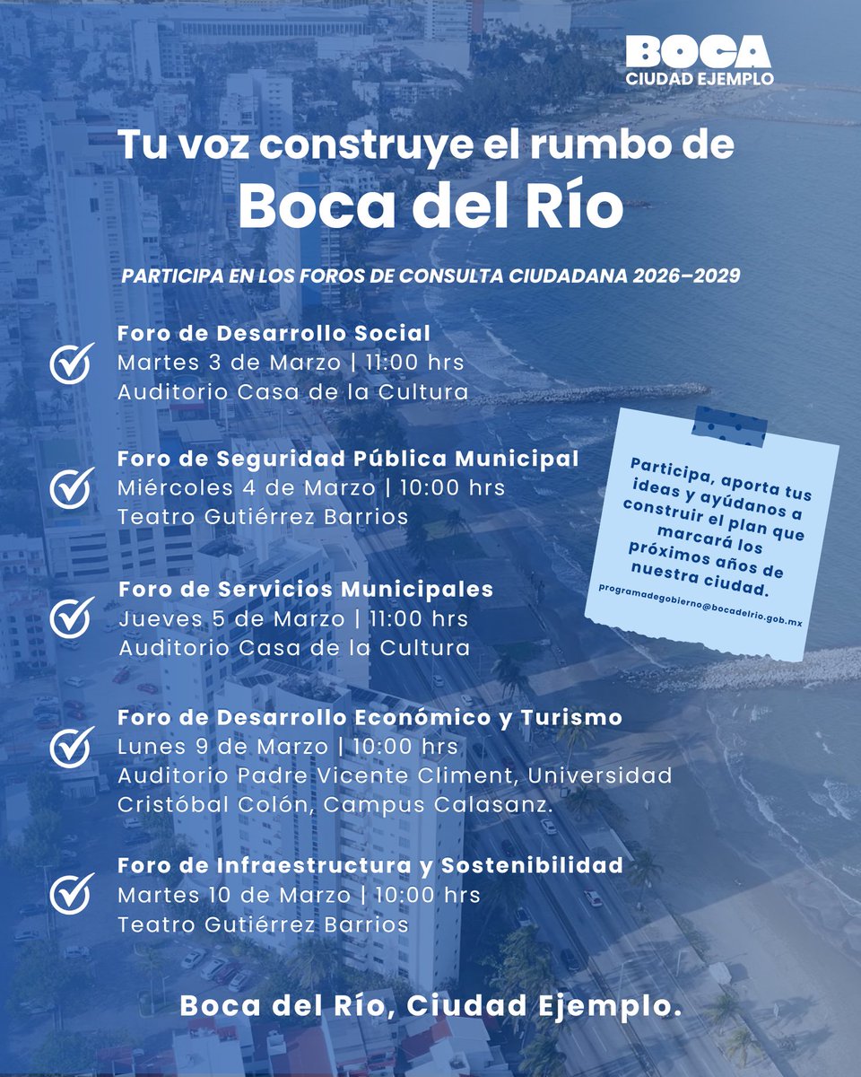 _BocadelRio's tweet photo. El rumbo de Boca del Río lo construimos juntos.
Participa en los Foros de Consulta Ciudadana y comparte tus ideas para el futuro de nuestra ciudad. Envíalas a programadegobierno@bocadelrio.gob.mx
Tu voz cuenta. Boca, Ciudad Ejemplo. https://t.co/Ld00OVFmYT