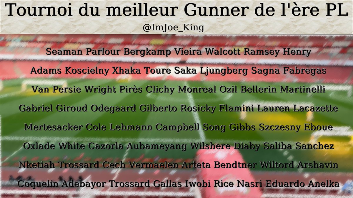 ImJoe_King's tweet photo. Début du tournoi pour élire le meilleur  joueur d'Arsenal sur l'ère PL

1er Tour, votez pour votre préféré ! 🔴⚪️

Les sondages durent 2 jours, n'hésitez pas à partager https://t.co/aEkR7Egl13