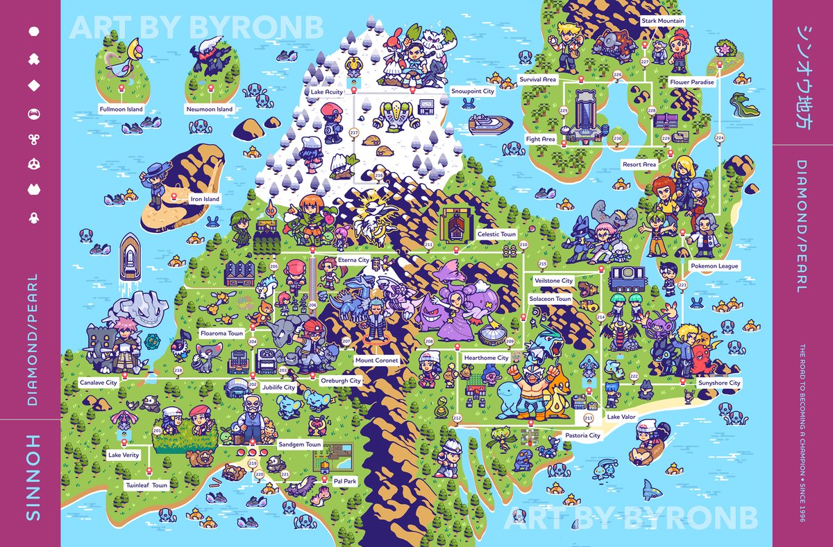 Happy Pokemon Day!! I'm reposting the maps I drew of Kanto, Johto, Hoenn, and Sinnoh. Every trainer's journey through Gens 1 -4 is all here!