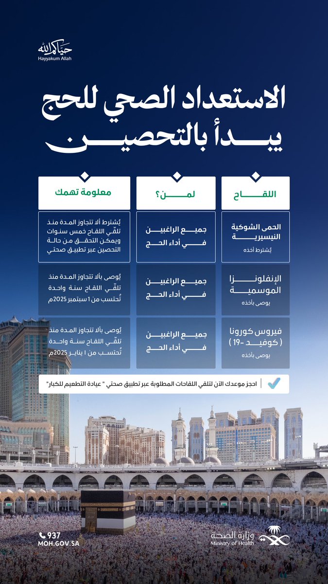 لحج صحي..
يبدأ بالتحصينات 🕋

تعرّف على اللقاحات التي يهمك تلقيها قبل الحج.