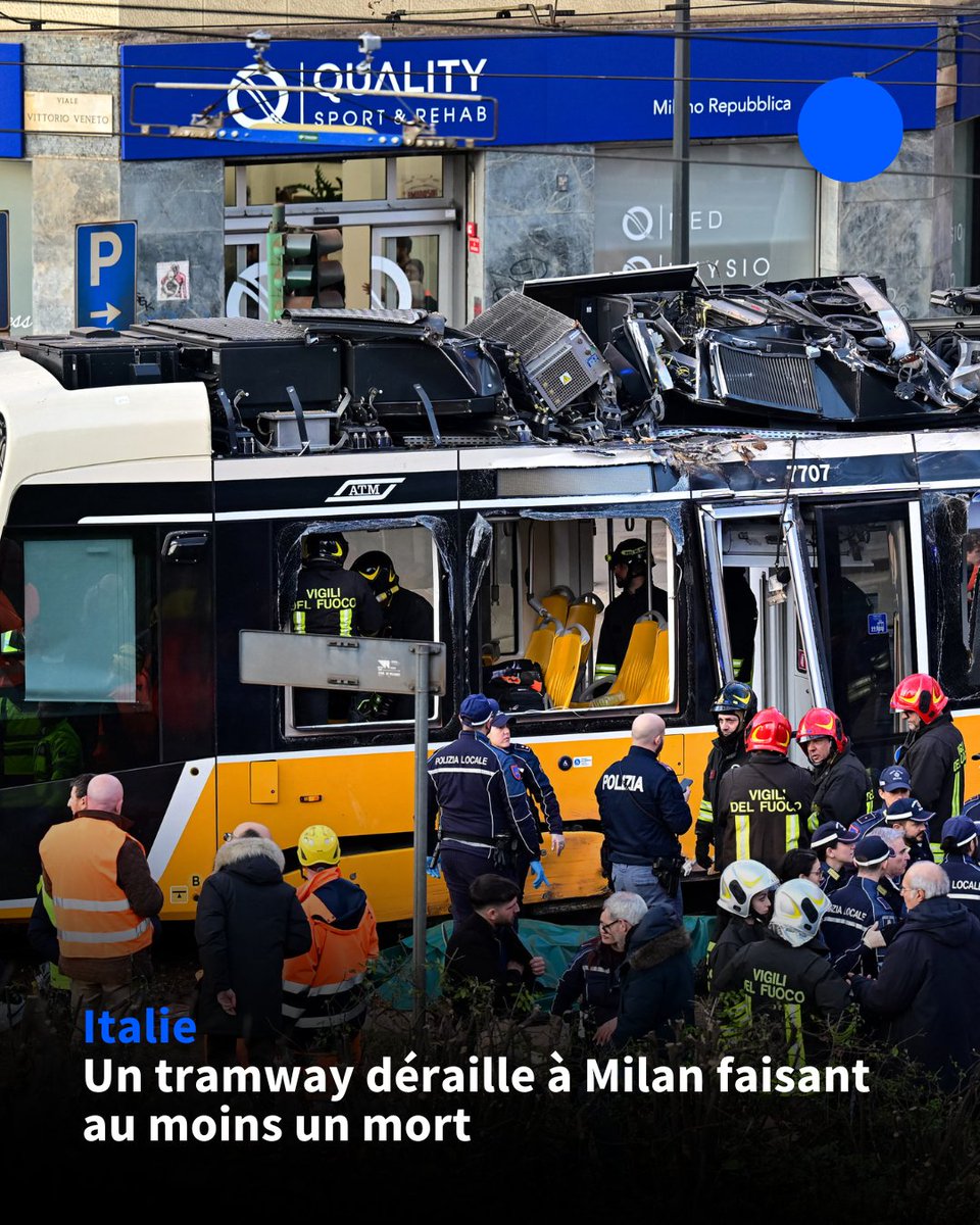 🇮🇹 Un tramway a déraillé et percuté un immeuble à Milan, dans le nord de l'Italie, faisant un mort et une vingtaine de blessés, a indiqué une source de la préfecture de police.