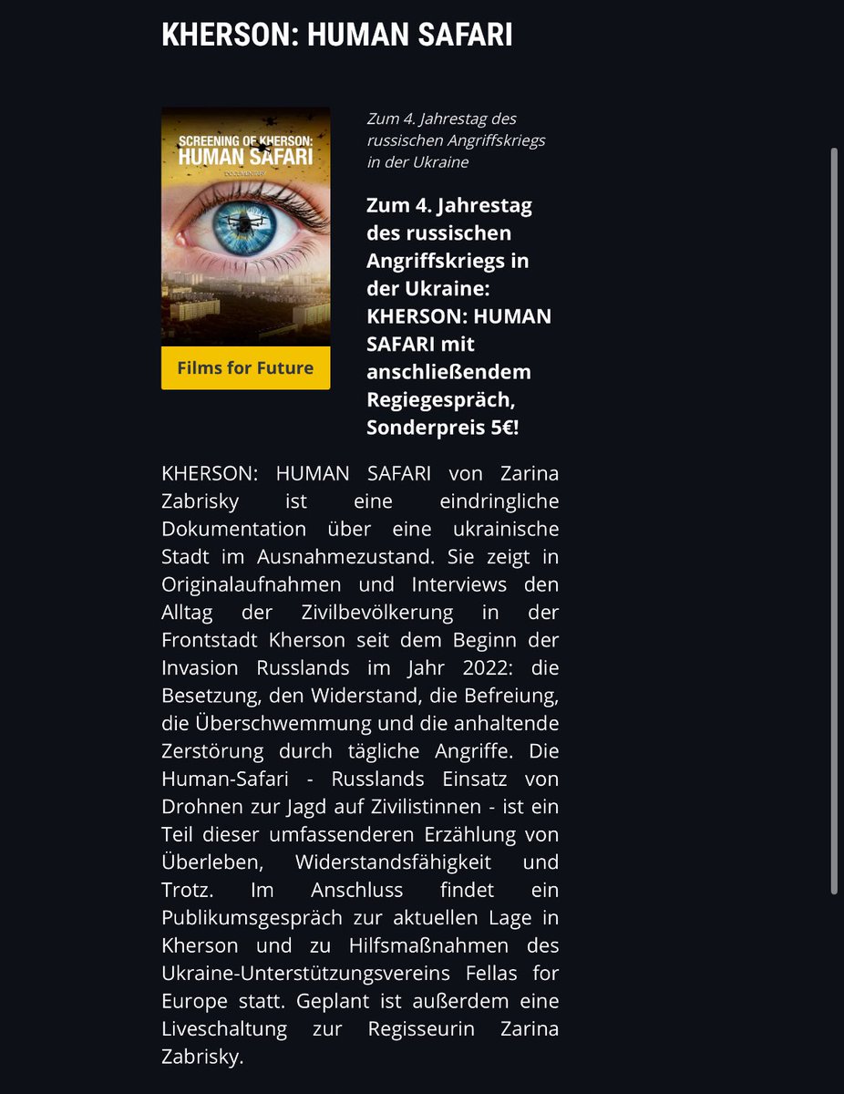 Morgen 28.2. findet in Regensburg ein Screening des Films "Kherson Human Safari" statt. Die Regisseurin Zarina Zabrisky wird online für Q &amp; A zugeschaltet. 

Filmgalerie Regensburg, Bertoldstr. 9, 93047 Regensburg. Tickets online oder vor Ort