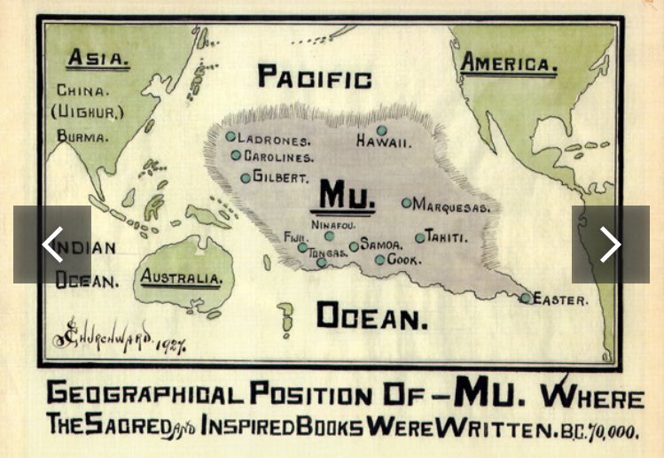 RobertaP's tweet photo. Land of Mu, a hypothetical lost continent, popularized by James Churchward, believed to have existed in the Pacific Ocean before sinking in a cataclysm. Often described as a "motherland of man," imagined as an advanced, ancient civilization &amp; source for cultures like Egypt &amp; Maya https://t.co/wEJ8VdHmIX