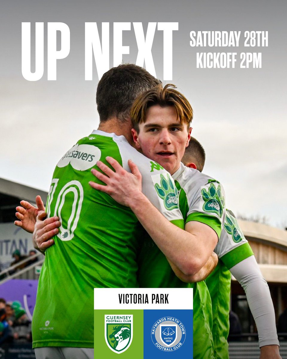 Massive test for the Green Lions tomorrow. 

Guernsey FC v Haywards Heath Town
Win and the gap drops to five. Anything else and focus turns to the play-offs.

👀 Fazakerley chasing goal no.30
📖 Squad preview on the website
🕑 2pm at Victoria Park

🎟 victoriaparkgsy.byretail.net/menu/GFC-Ticke…