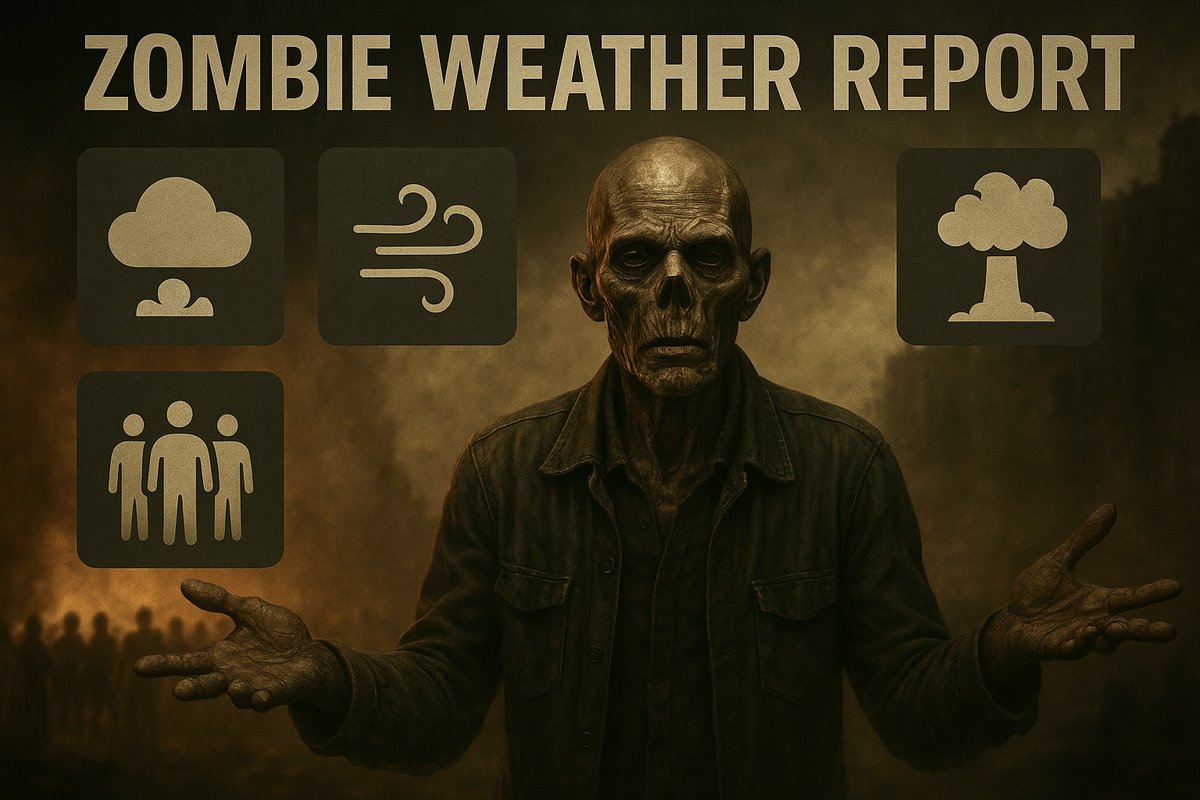 Zombie_TD's tweet photo. 🧟‍♂️ Zombie Weather Report

Today’s forecast:
— 70% smoke
— 40% ash
— 100% chance the horde shows up when you least expect it

Survive accordingly ☕🔥 https://t.co/ovSCdERrru