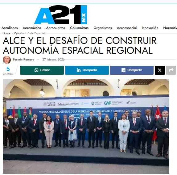 El 20 de febrero tuvo lugar en Querétaro la 1a Asamblea <a href="/AgenciaAlce/">Agencia Latinoamericana y Caribeña del Espacio</a> Les invito a leer mi columna semanal <a href="/CafeEspacialSer/">Café Espacial Series® 🚀</a> en <a href="/aviacion21/">aviacion21</a> En esta ocasión "ALCE y el desafío de construir autonomía espacial regional" ¡Gracias por leer y compartir! 
a21.com.mx/opinion/cafe-e…