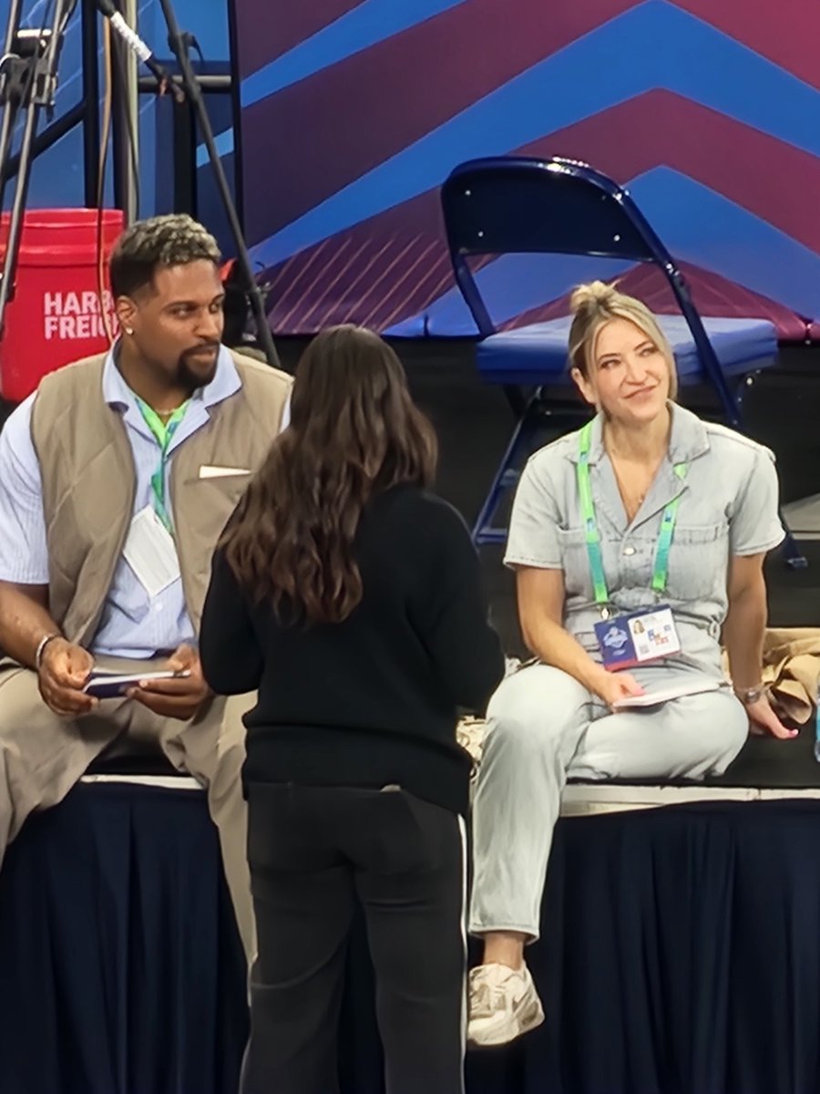 After doing the bench press, <a href="/cfrelund/">cynthia frelund</a> joins colleague <a href="/camjordan94/">Cam Jordan</a> getting ready for another day at #NFLCombine. Didn't get an accurate count of her reps