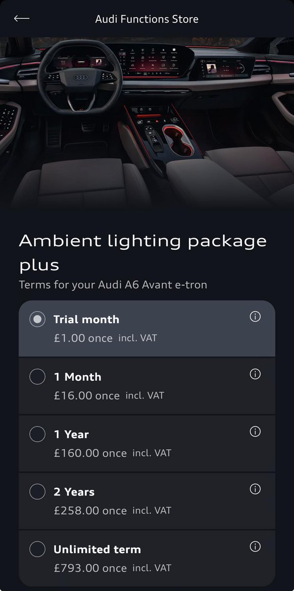 The_3D_Room's tweet photo. Had to verify this image and it's real. I may be behind the times but I will NEVER purchase an Audi or ANY vehicle where I have to pay a subscription to enable something the hardware is already capable of providing. @AudiUK your prices are already insane. This should be illegal. https://t.co/vLj4z23Q0y