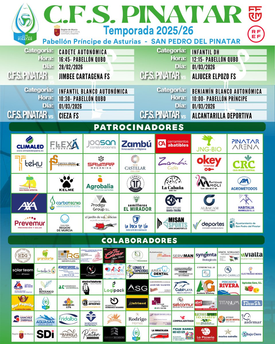 CFS_Pinatar's tweet image. 😏Tenemos todo lo que buscas para un fin de semana en tierras pinatarenses...

✨Calidad y entretenimiento con los partidazos que nuestros equipos disputarán como locales 

✍🏻Toma nota para no perderte ninguno 

#GOZambúCA #GOPinatar #CFSFactory💙💚