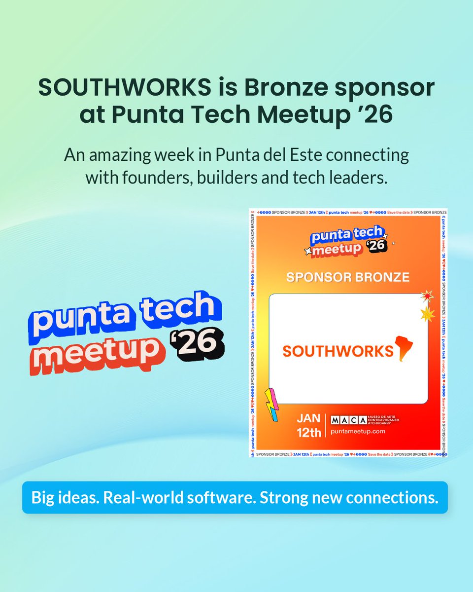 southworks's tweet photo. [6/6] 🔜We’re exhibiting at NAB Show 2026 🎥 Showcasing AI-powered solutions for #Media & #Entertainment📍Booth W2300H #NABShow
✨And back in January we were 🥉proud sponsors of Punta Tech Meetup ‘26 🇺🇾 Big ideas. Real-world software. Strong new connections.
#PuntaTech #LATAMTech #PuntaTechMeetup26 #PTM26