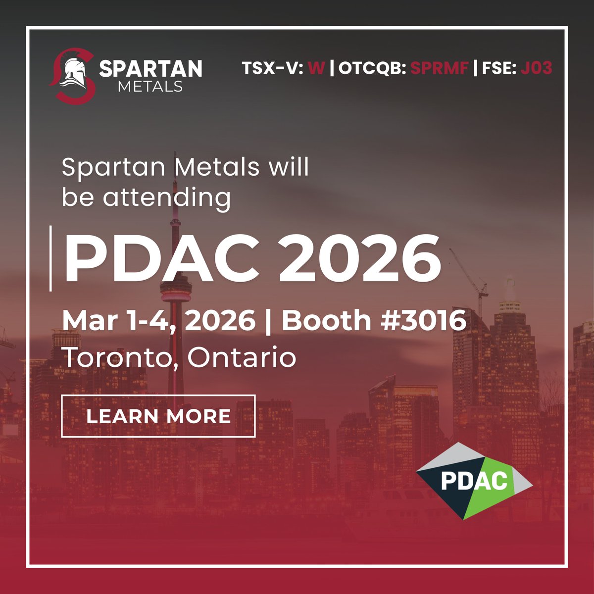 Spartan Metals will be attending <a href="/the_PDAC/">The Official PDAC</a> March 1-4

Visit us at Booth #3016.

1-on-1 meetings are available March 2 &amp; 3 - Book your meeting here: precioussummit.com/events/pdac-20…

More info on PDAC: pdac.ca/convention-2026

#PDAC2026 #Tungsten #CriticalMinerals $W $W.v $SPRMF #J03