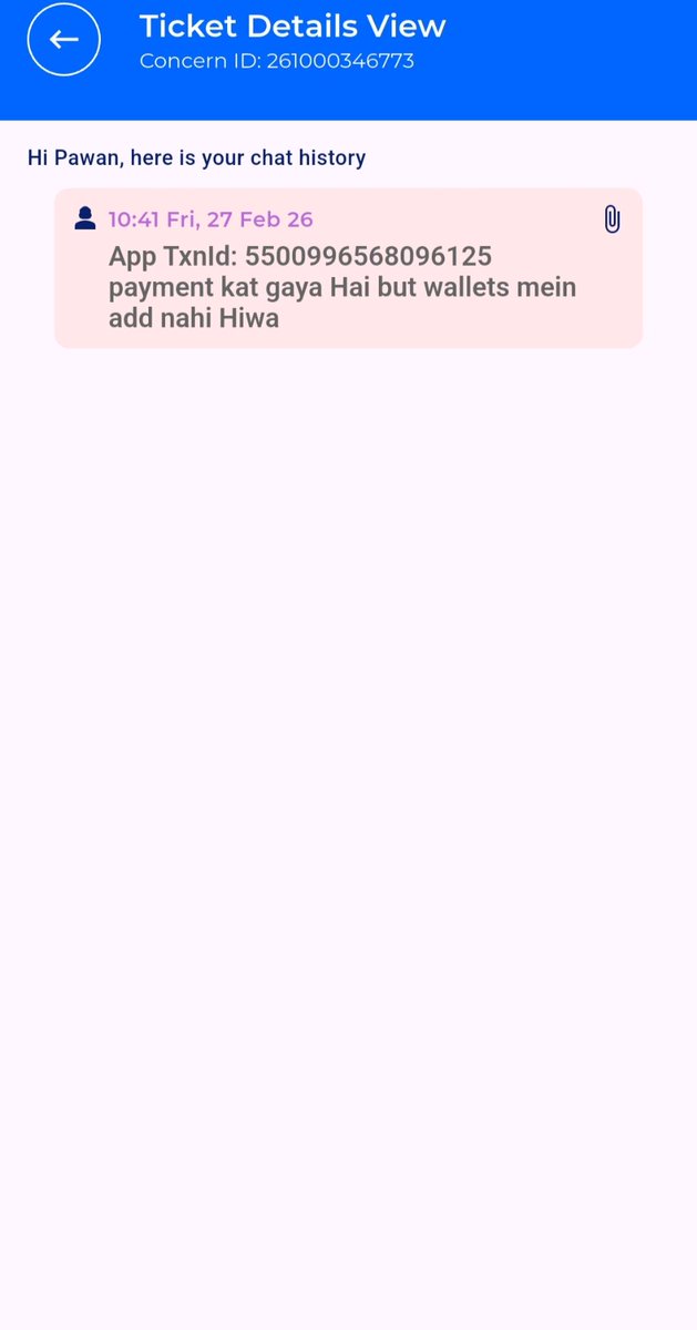 PawanKu76303768's tweet photo. Mera payment debit ho gaya hai lekin wallet me amount add nahi hua.
App: RailOne Wallet
App Txn ID: 5500996568096125
Concern ID: 261000346773
Date: 27 Feb 2026
Kripya is issue ko turant resolve kare
#RailOne #IRCTC #RailwaySeva #WalletIssue # https://t.co/pJES46v60f