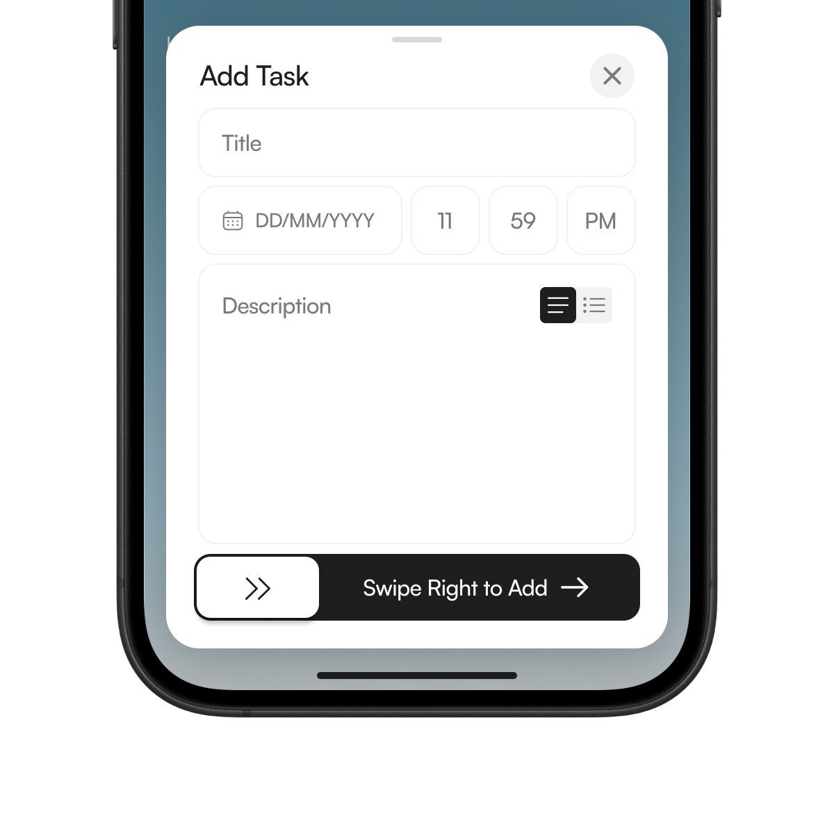 Azhilus's tweet photo. Designing the Add Task modal for Queue.

No clutter.
Title, deadline, description.
Swipe right to add.
Trying to keep task creation as lightweight as sending a message. https://t.co/yHiZGFceKb