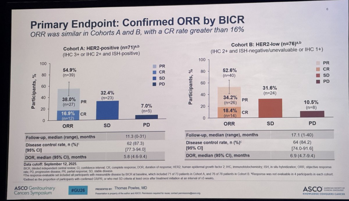 yekeduz_emre's tweet photo. Phase 2 RC48G001: Disitamab vedotin showed strong activity in previously treated HER2-expressing advanced urothelial carcinoma.

🔹 ORR: 54.9% (HER2+) & 52.6% (HER2-low)
🔹 CR: ~17–18%
🔹 mPFS: 5.7 mo
🔹 mOS: up to 20.0 mo
🔹 Manageable safety profile

Promising option across HER2 spectrum. 

@ASCO #GU26 @OncoAlert @DrYukselUrun @DrChoueiri @tompowles1