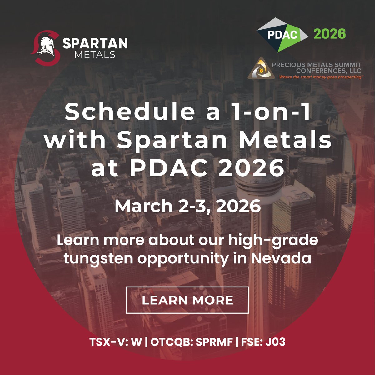 Join Spartan Metals for a 1-on-1 Meeting at <a href="/the_PDAC/">The Official PDAC</a>  2026

Connect with the Spartan Metals team to discuss our high-grade U.S. tungsten story.

Book here: tinyurl.com/3j7abcx9

 #PDAC2026 #Tungsten #CriticalMinerals $W $W.v $SPRMF #J03