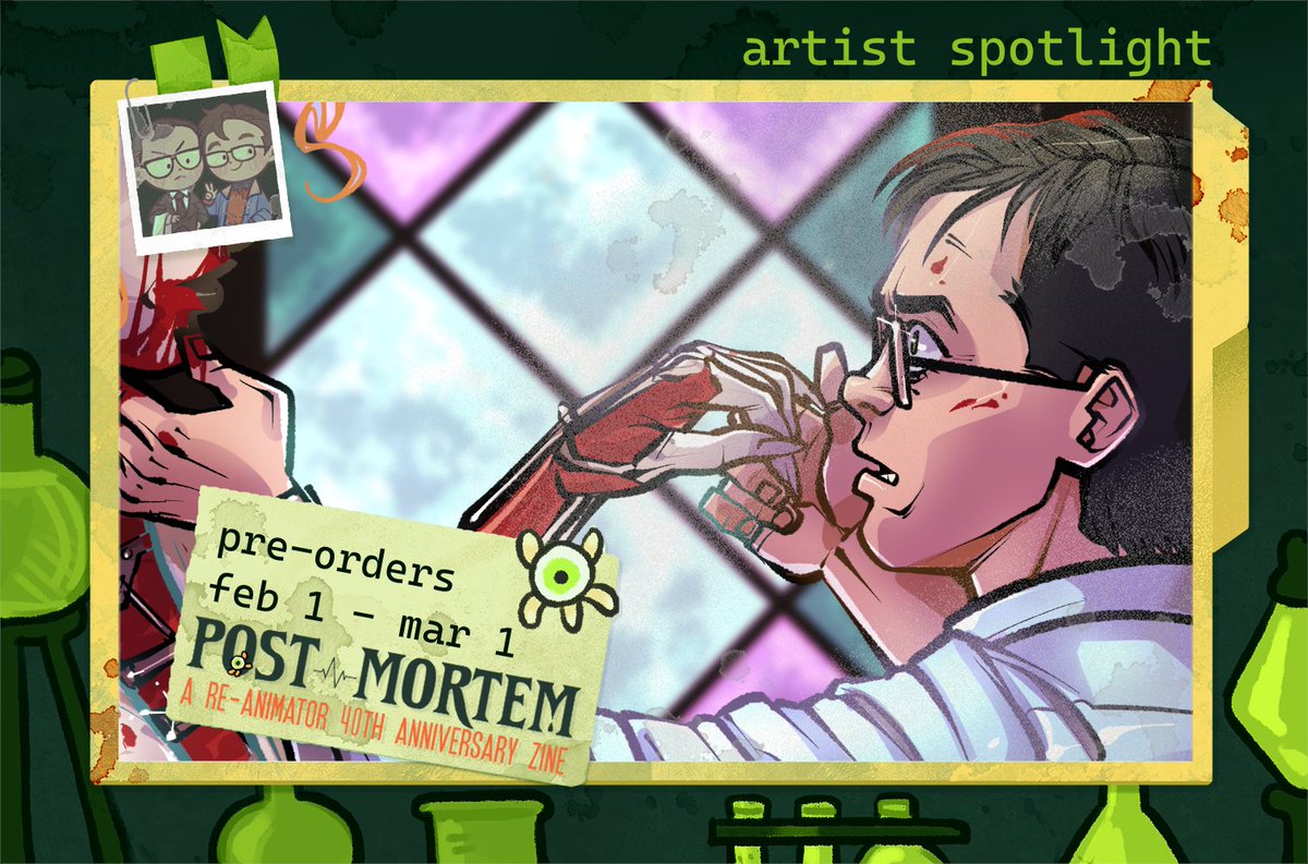 💉 RE-ANIMATOR ZINE: CONTRIBUTOR PREVIEW
"POST MORTEM" is an unofficial, non-profit Reanimator zine featuring art, writing, merch. Our last page preview is by artist <a href="/TwilightPalms/">Angie!🦇</a> !