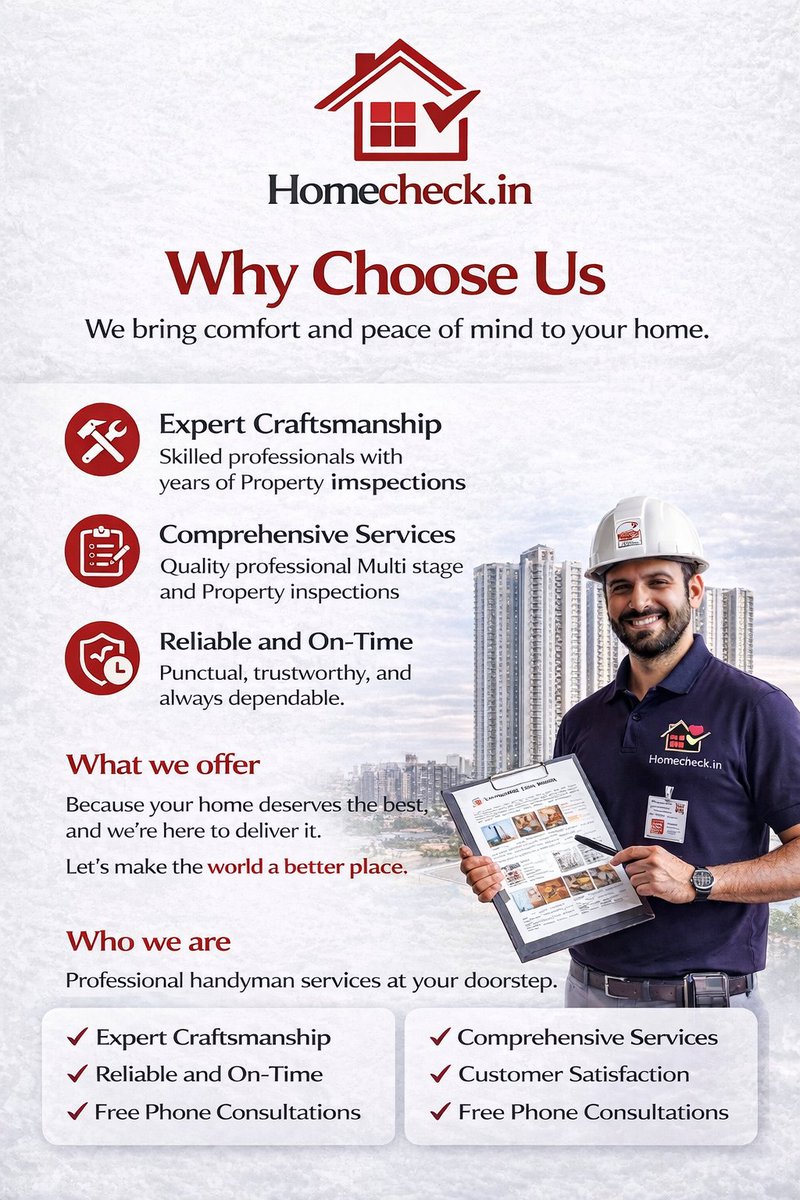 HomeCheck2's tweet photo. Benefits of Choosing https://t.co/asNPzUnSMX

📷 Why Hyderabad’s Real Estate Boom Demands Smarter Decisions – And How https://t.co/dLcQKt3pId - https://t.co/t5yvGEKm2v helps you.
Why Choose Multi-Stage Inspections?
Ensure your dream project is built right. https://t.co/1FzQXCECUH