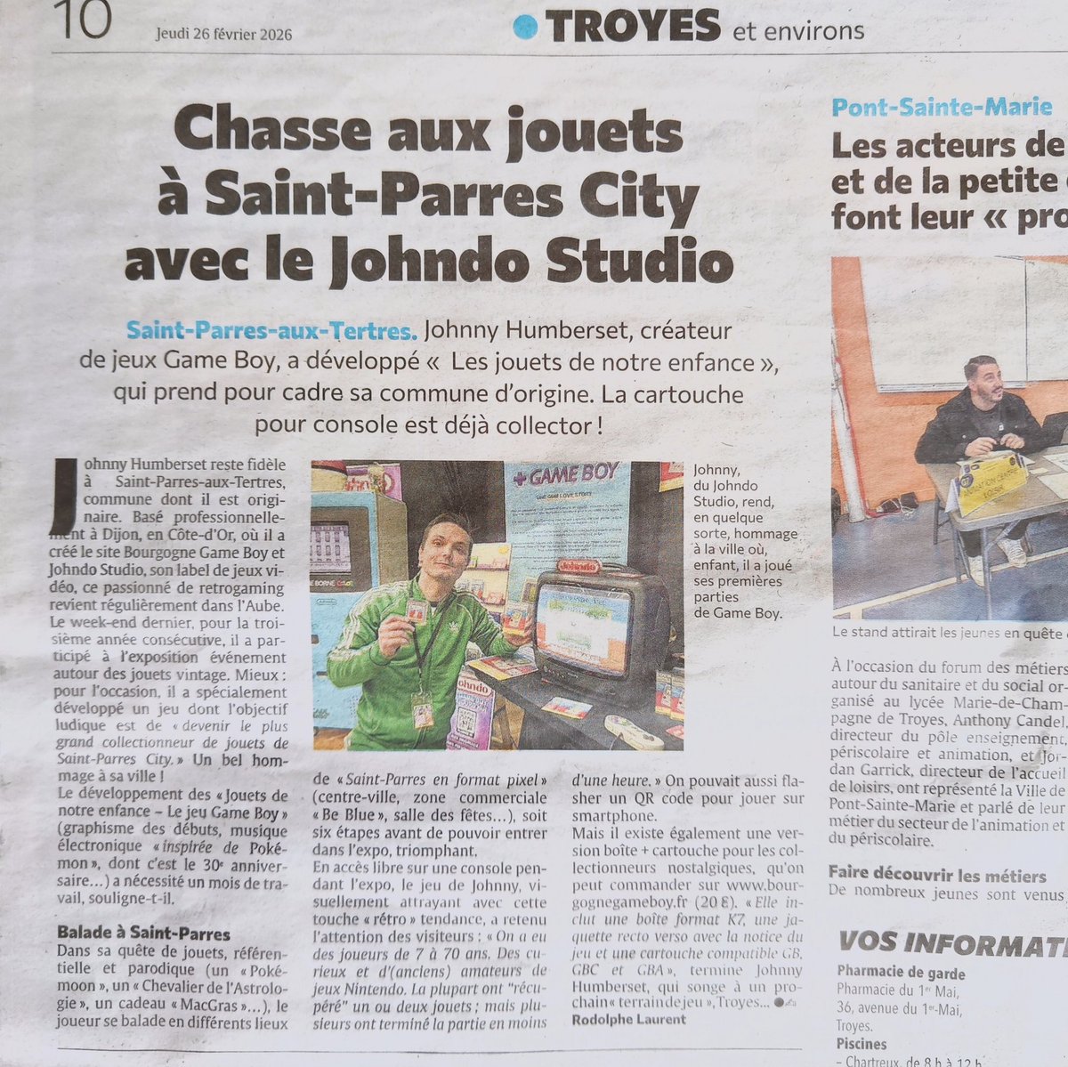johndostudio's tweet photo. Flagrant délit de copie de l'article de journal de @lesteclair sur les Jouets de Notre Enfance en version #gameboycamera #GameBoyPrinter , n'hésitez pas à demander vos copies pixelisées !! 🤣👾🗞️
Merci #estclair 💚😊
#gameboy #RetroGaming #gbtroyes https://t.co/tXcjB0YVkS