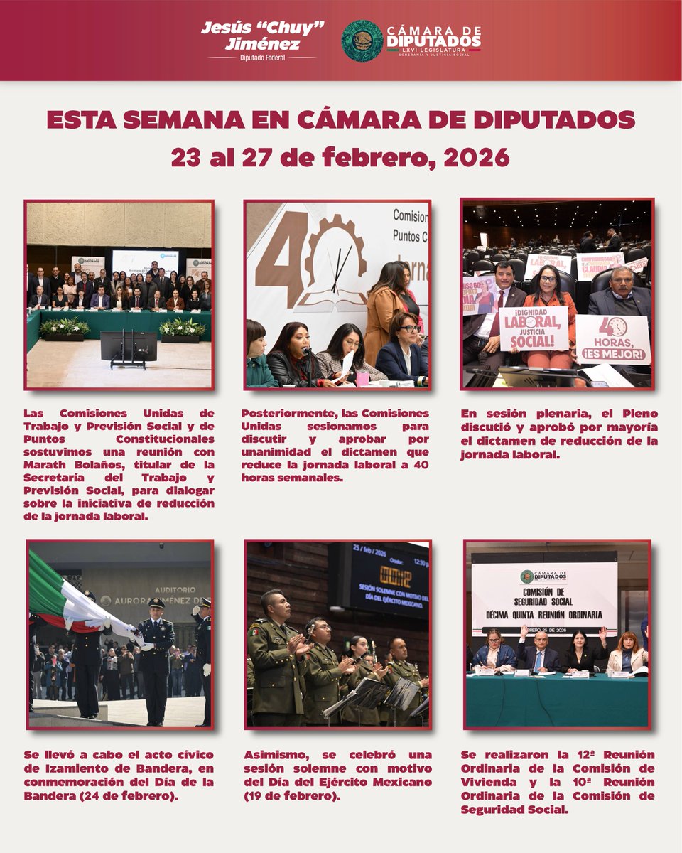 Esta semana en la @mx_diputados dimos un paso firme hacia la jornada laboral de 40 horas. En Comisiones la aprobamos por unanimidad y en el Pleno fue respaldada por mayoría. 
También participé en actos cívicos y en reuniones de las Comisiones de Vivienda y Seguridad Social.