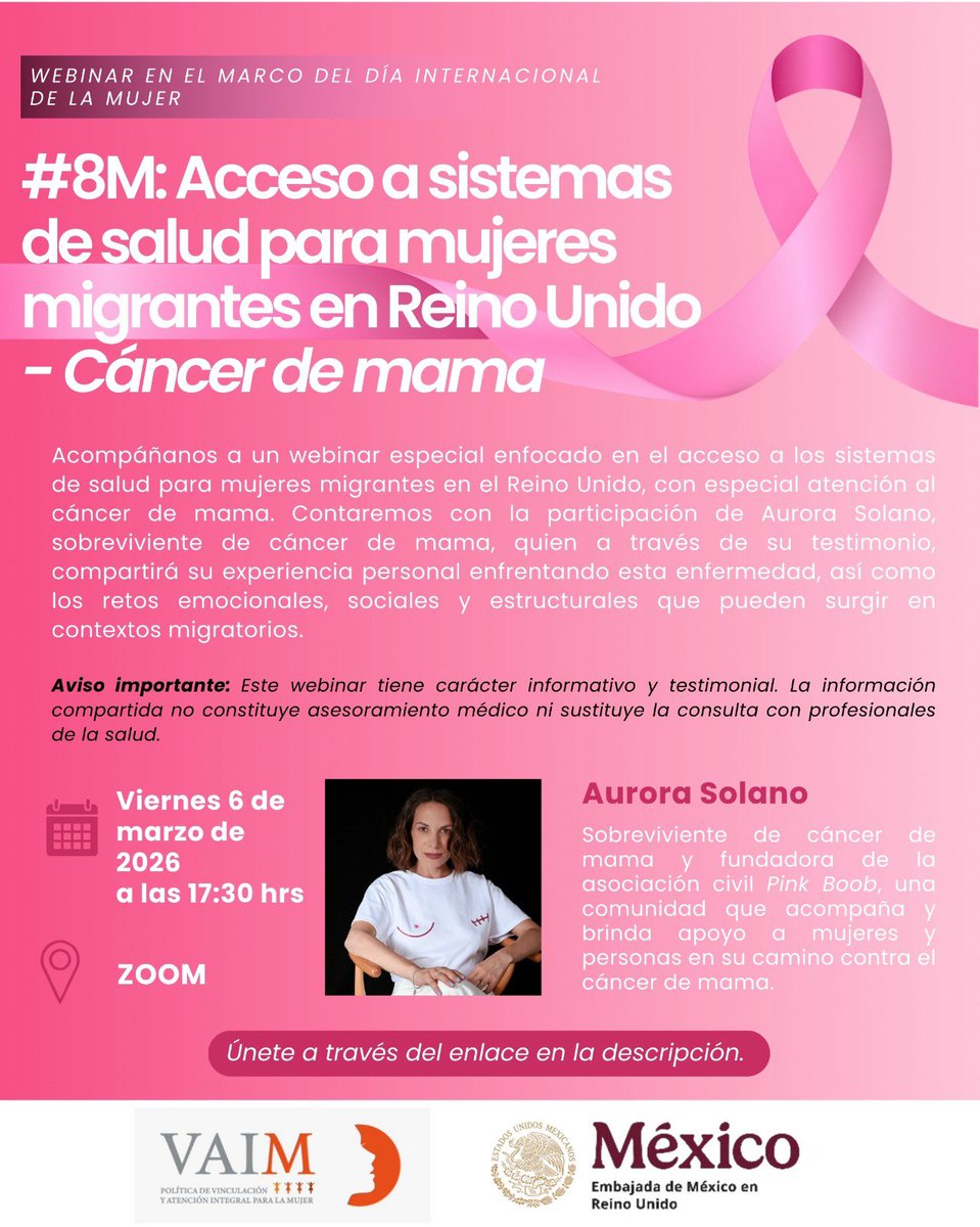 Embamexru's tweet photo. Atención comunidad mexicana: Te invitamos al webinar: #8M, Acceso a la salud para mujeres migrantes en Reino Unido – ACáncer de Mama 🎗️

📅 6 de marzo de 2026
🕠 5:30 pm 
💻 Zoom: https://t.co/cIcPMyYbrb

💗 La prevención salva vidas. !Comparte! 🫶 https://t.co/kHzBZiTIQ9