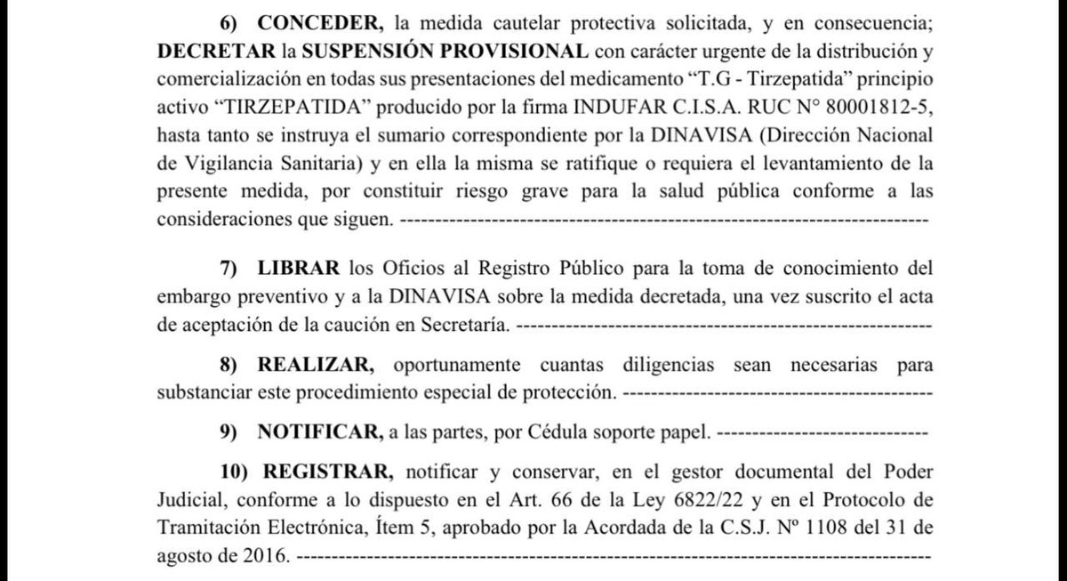 [Último Momento] - Jueza suspende la distribución y comercialización del “TIRZEPATIDA” de Indufar 

La Jueza de la ciudad de Santa Rosa de Monday, Departamento de Alto Paraná Abogz Sandra Frantz Rosin resolvió la suspensión de la distribución y comercialización del medicamento