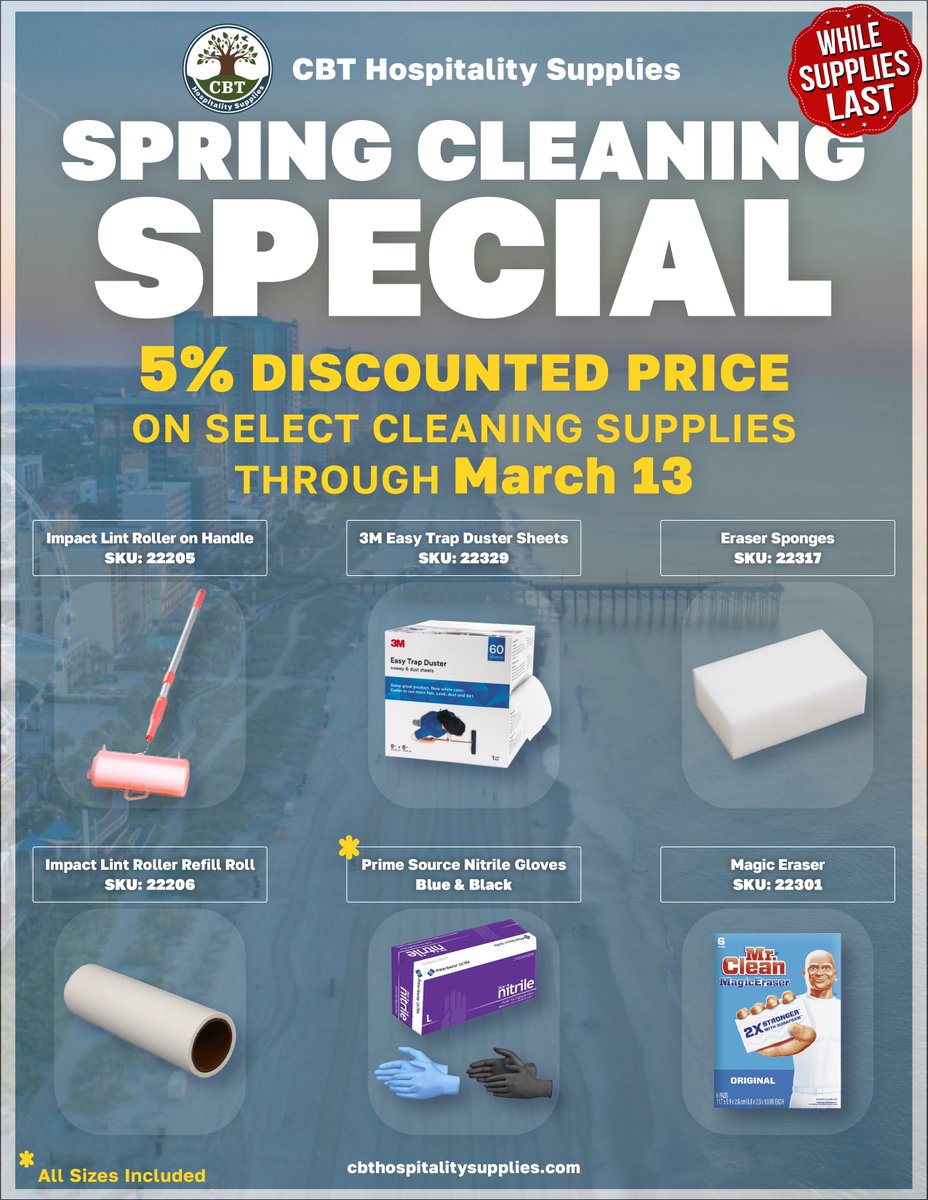 cbtmyrtlebeach's tweet photo. 🌸 Spring Cleaning Special!

🚨5% OFF select cleaning supplies now through March 13.

Stock up on the essentials your property needs and refresh your inventory for the season ahead.

🧽 Durable sponges
🧴 Heavy-duty cleaning sprays
🧤 Nitrile gloves you can rely on https://t.co/No4YbRa39k